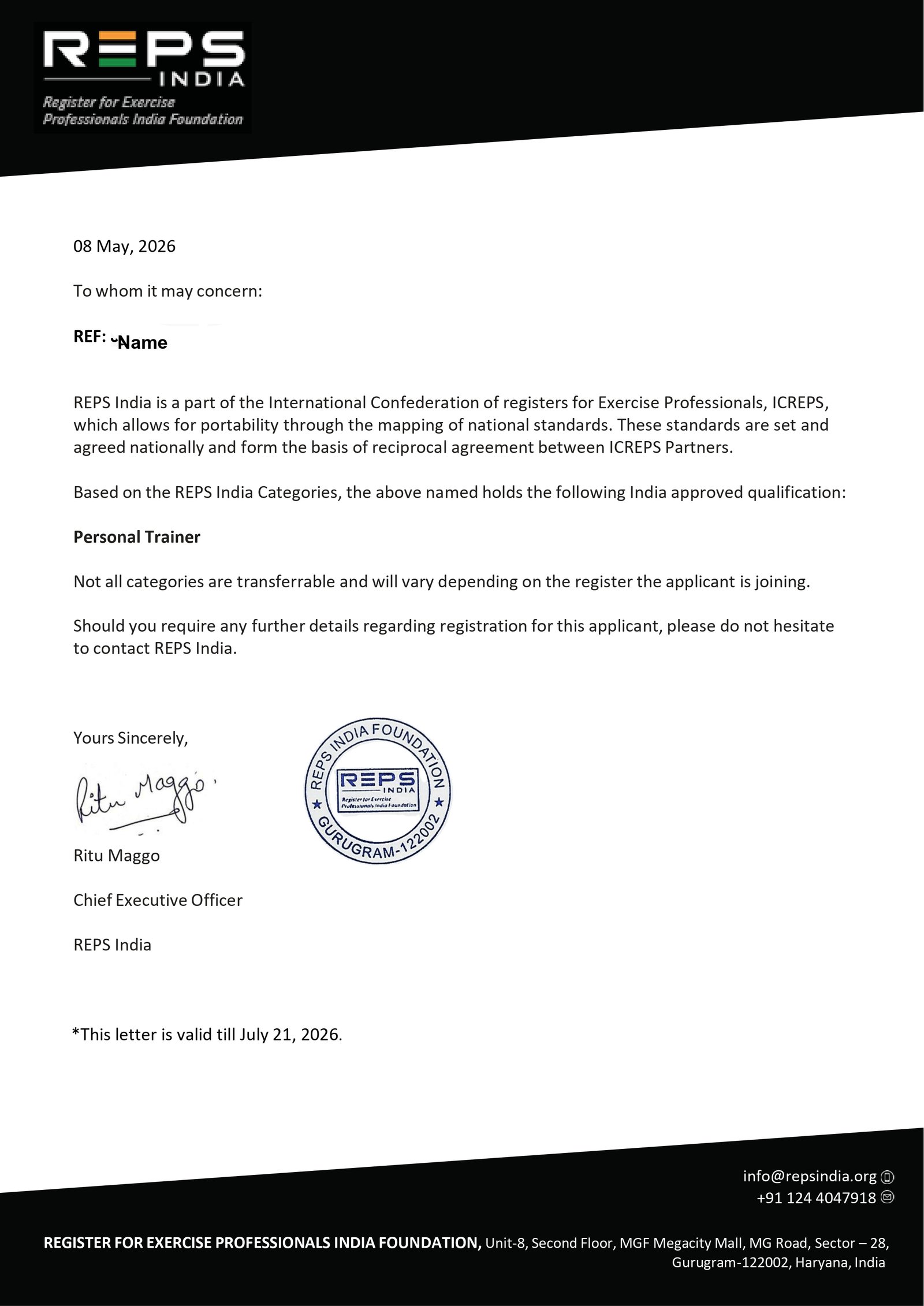 REPS India portability certificate sample