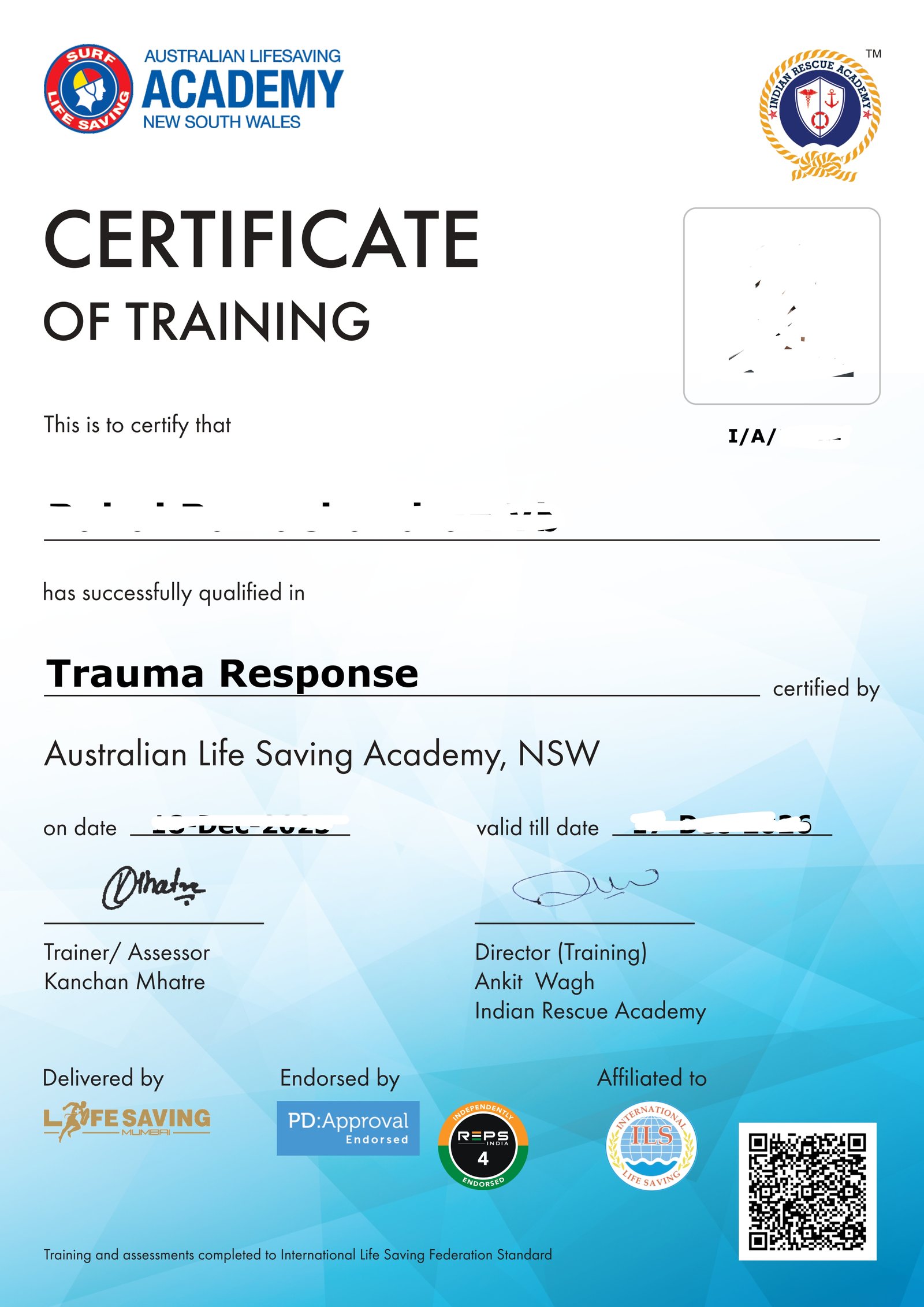 Trauma Response certificate sample